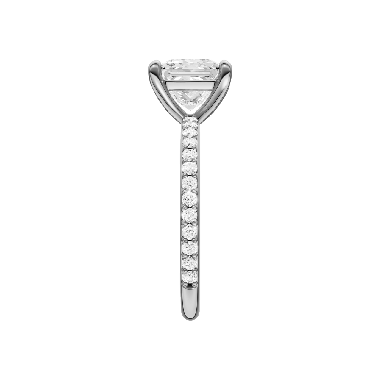 A side view of the Princess cut diamond engagement ring in platinum with a prong diamond band and cathedral setting