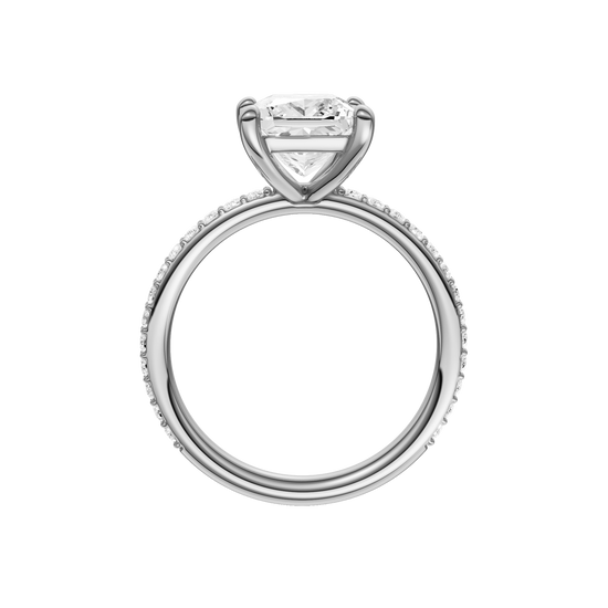 A profile view of the Princess cut diamond engagement ring in platinum with a prong diamond band and cathedral setting