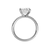 A profile view of the Princess cut diamond engagement ring in platinum with a prong diamond band and cathedral setting