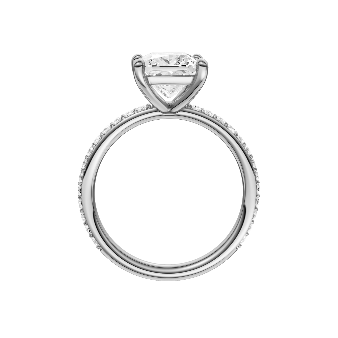 A profile view of the Princess cut diamond engagement ring in platinum with a prong diamond band and cathedral setting