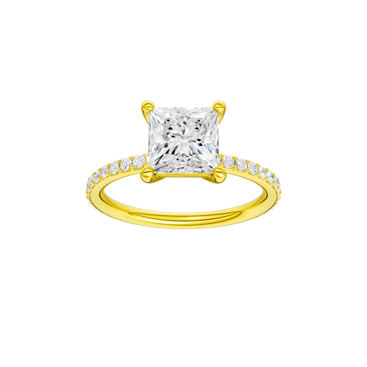 A front view of the Princess cut diamond engagement ring in 14k yellow gold with a prong diamond band and cathedral setting