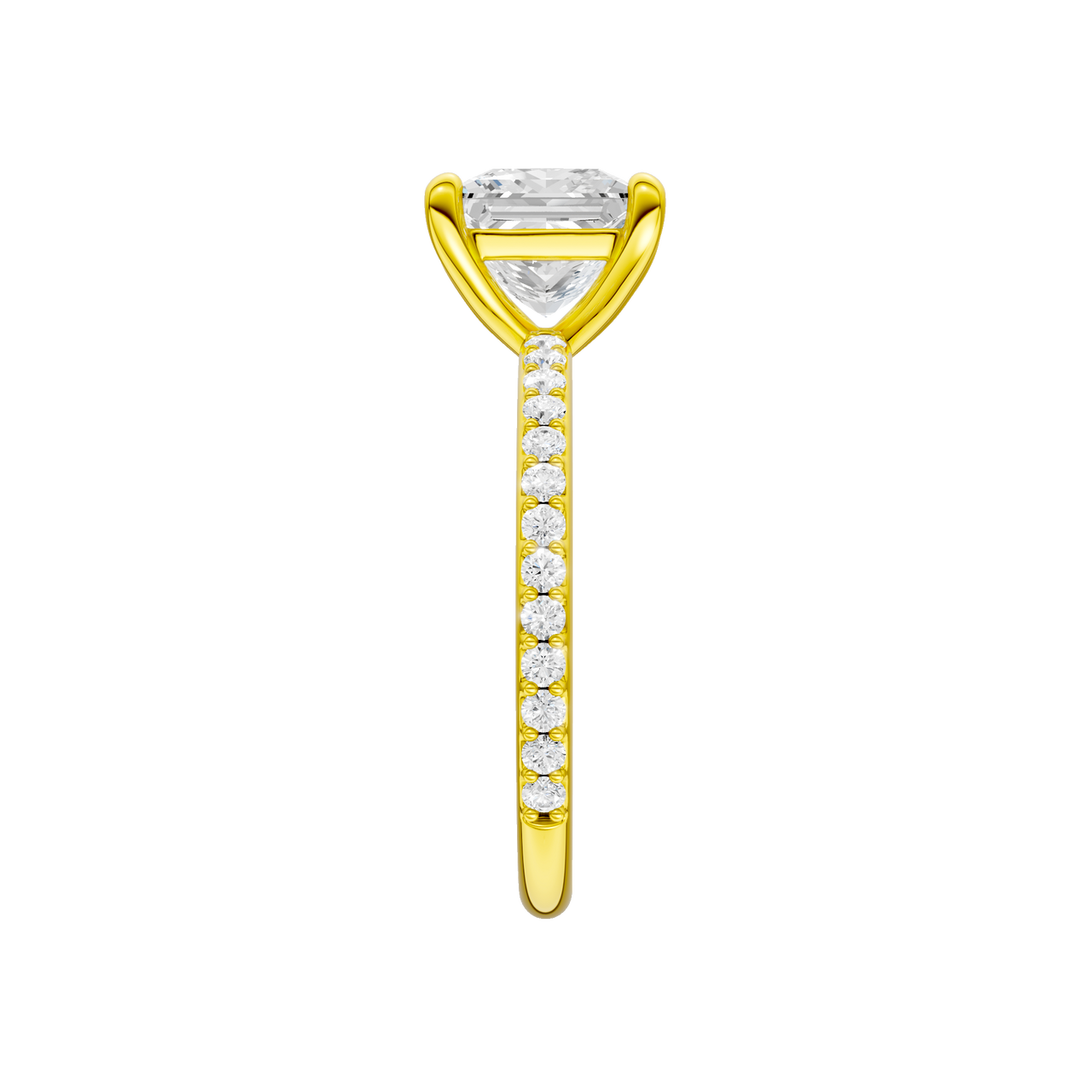 A side view of the Princess cut diamond engagement ring in 14k yellow gold with a prong diamond band and cathedral setting