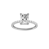 A front view of the radiant cut diamond engagement ring in 14k white gold with a prong diamond band and cathedral setting