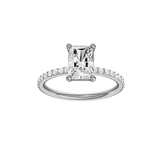 A front view of the radiant cut diamond engagement ring in 14k white gold with a prong diamond band and cathedral setting