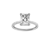 A front view of the radiant cut diamond engagement ring in platinum with a prong diamond band and cathedral setting