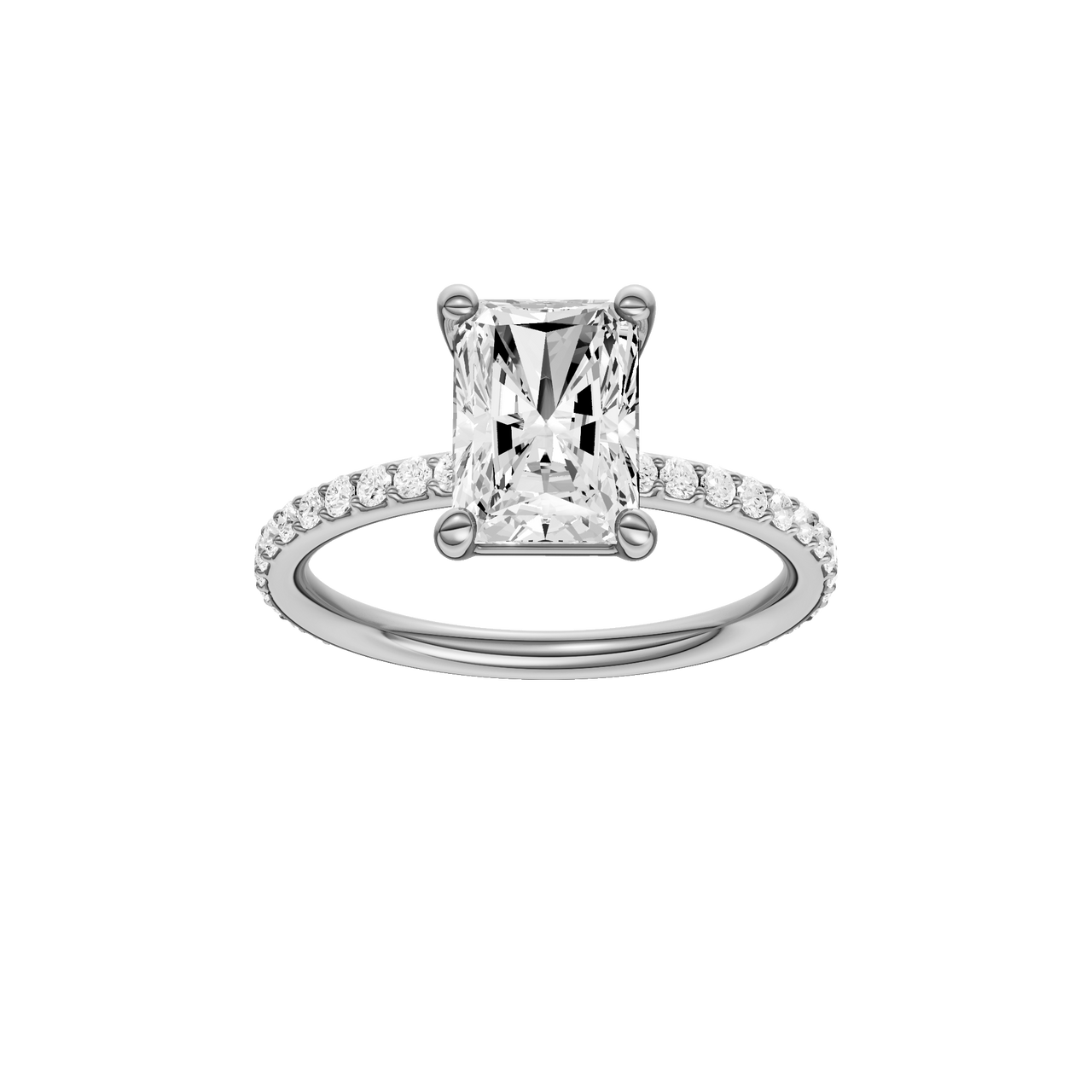 A front view of the radiant cut diamond engagement ring in platinum with a prong diamond band and cathedral setting