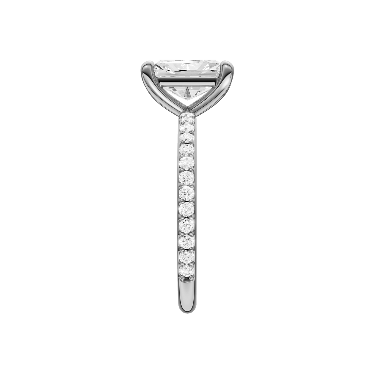 A side view of the radiant cut diamond engagement ring in platinum with a prong diamond band and cathedral setting