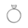 A profile view of the radiant cut diamond engagement ring in platinum with a prong diamond band and cathedral setting