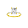 A front view of the radiant cut diamond engagement ring in 14k yellow gold with a prong diamond band and cathedral setting