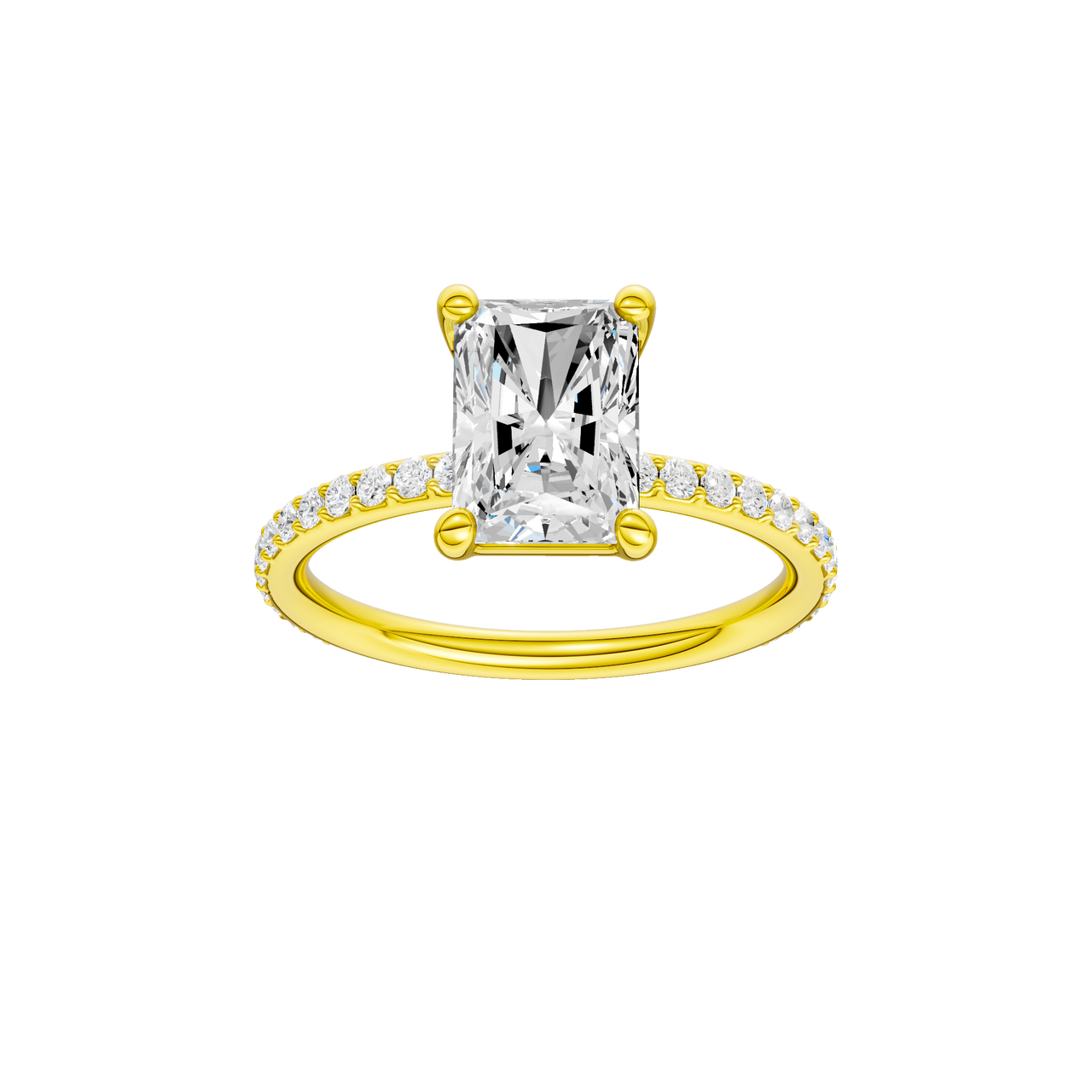 A front view of the radiant cut diamond engagement ring in 14k yellow gold with a prong diamond band and cathedral setting