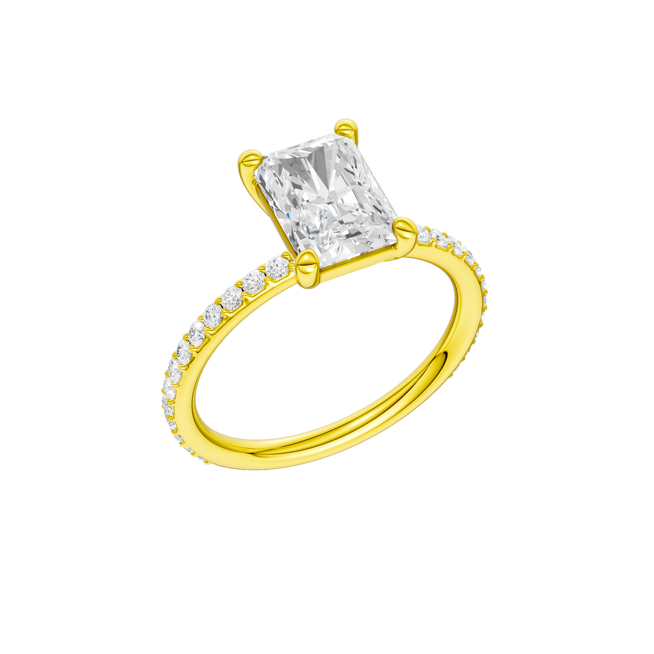 A three-quarter view of the radiant cut diamond engagement ring in 14k yellow gold with a prong diamond band and cathedral setting