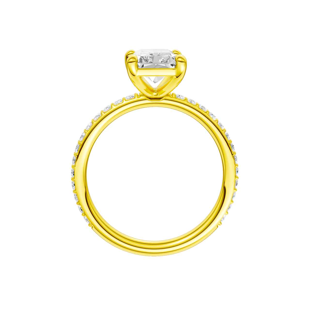 A profile view of the radiant cut diamond engagement ring in 14k yellow gold with a prong diamond band and cathedral setting