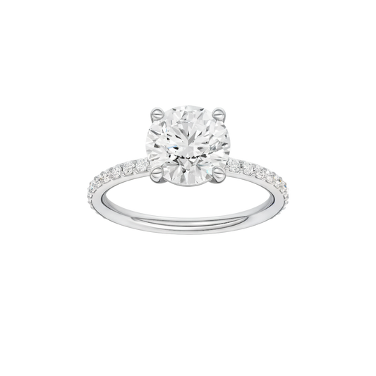A front view of the Round cut diamond engagement ring in 14k white gold with a prong diamond band and cathedral setting