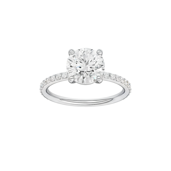 A front view of the Round cut diamond engagement ring in platinum with a prong diamond band and cathedral setting