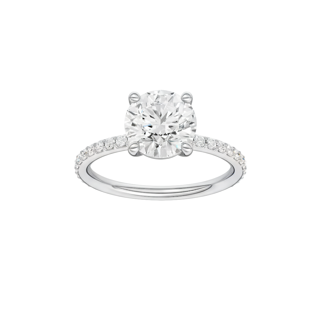 A front view of the Round cut diamond engagement ring in platinum with a prong diamond band and cathedral setting