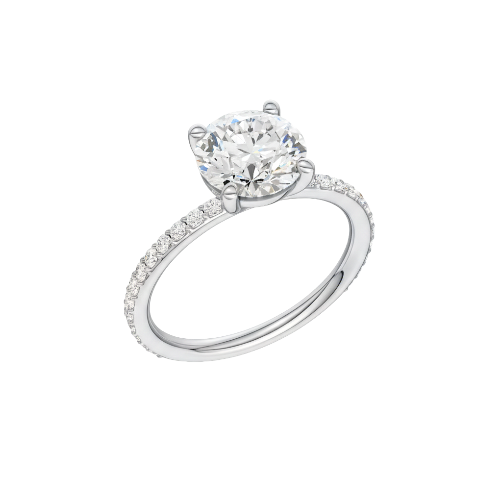 A three-quarter view of the Round cut diamond engagement ring in 14k white gold with a prong diamond band and cathedral setting