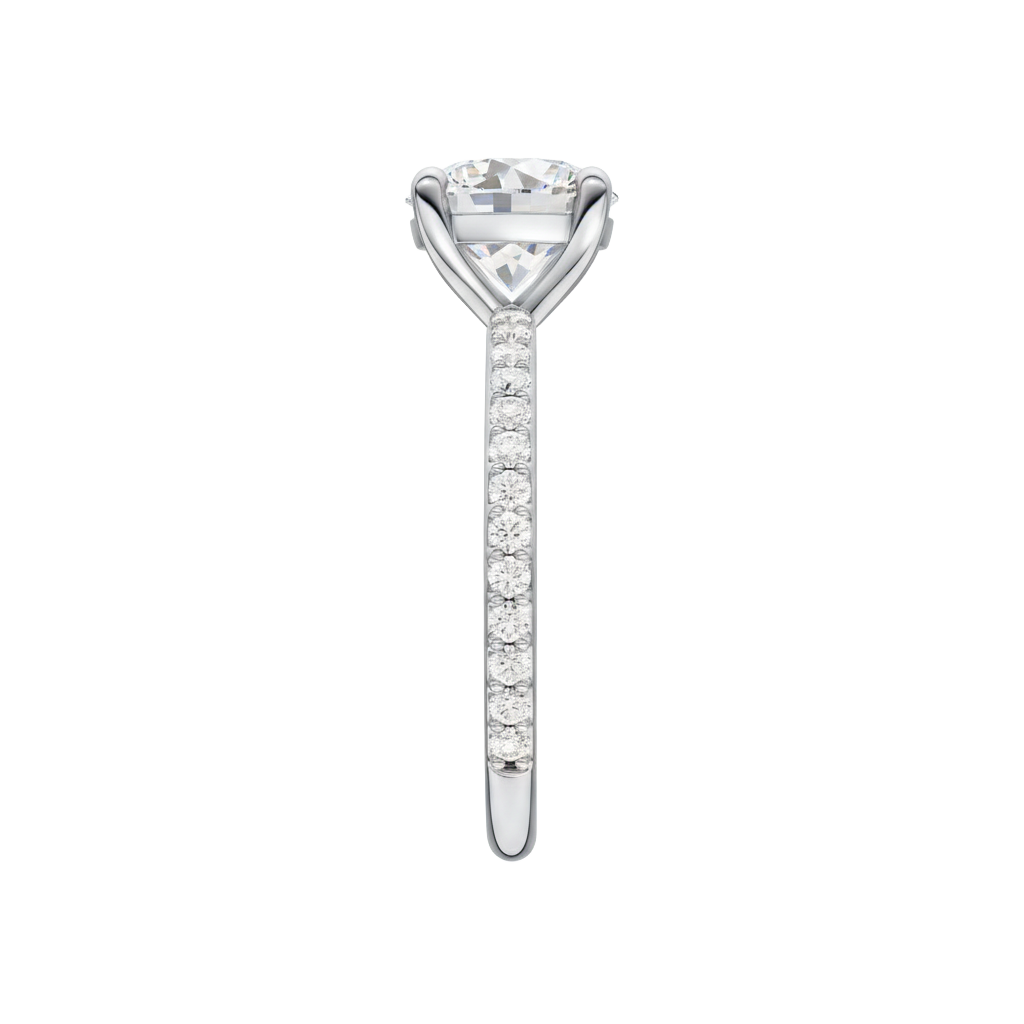 A side view of the Round cut diamond engagement ring in platinum with a prong diamond band and cathedral setting