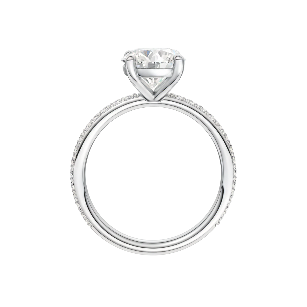 A profile view of the Round cut diamond engagement ring in 14k white gold with a prong diamond band and cathedral setting