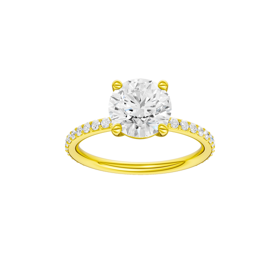 A front view of the Round cut diamond engagement ring in 14k yellow gold with a prong diamond band and cathedral setting