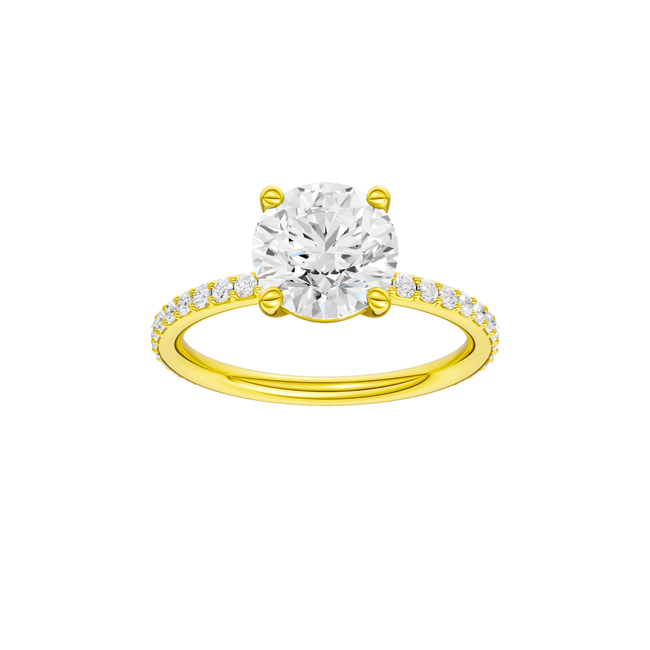 A front view of the Round cut diamond engagement ring in 14k yellow gold with a prong diamond band and cathedral setting