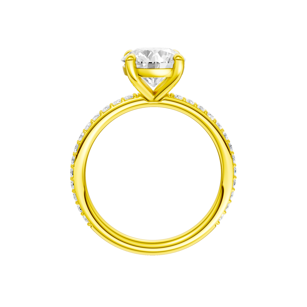 A profile view of the Round cut diamond engagement ring in 14k yellow gold with a prong diamond band and cathedral setting