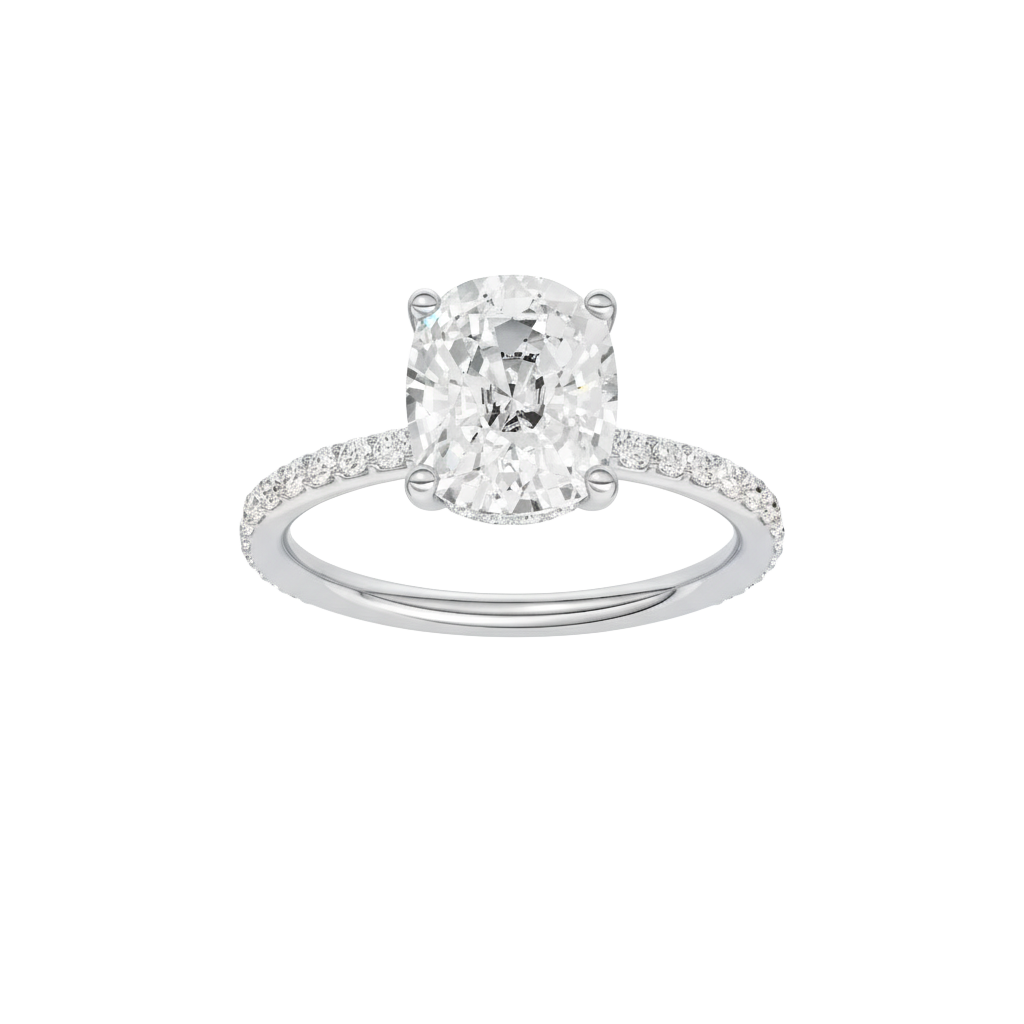 A front view of the Elongated cushion cut diamond engagement ring in platinum with a prong diamond band and cathedral setting
