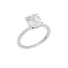 A three-quarter view of the Elongated cushion cut diamond engagement ring in 14k white gold with a prong diamond band and cathedral setting