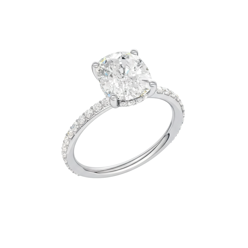 A three-quarter view of the Elongated cushion cut diamond engagement ring in platinum with a prong diamond band and cathedral setting