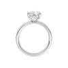 A profile view of the Elongated cushion cut diamond engagement ring in 14k white gold with a prong diamond band and cathedral setting