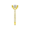 A side view of the Elongated cushion cut diamond engagement ring in 14k yellow gold with a prong diamond band and cathedral setting