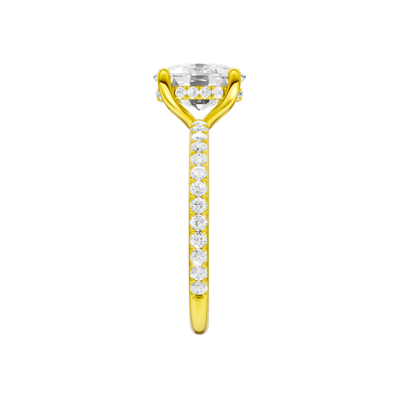 A side view of the Elongated cushion cut diamond engagement ring in 14k yellow gold with a prong diamond band and cathedral setting