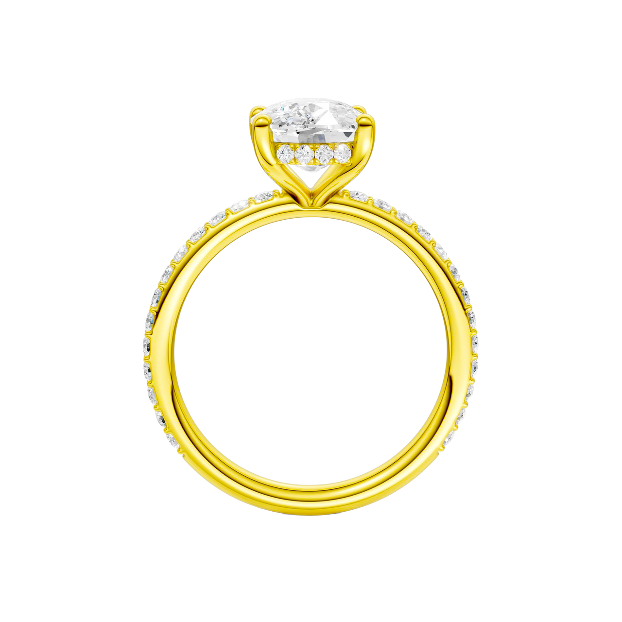 A profile view of the Elongated cushion cut diamond engagement ring in 14k yellow gold with a prong diamond band and cathedral setting