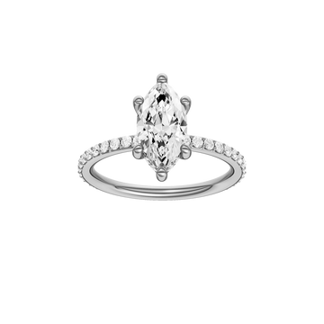 A front view of the Marquise cut diamond engagement ring in 14k white gold with a prong band and hidden halo setting