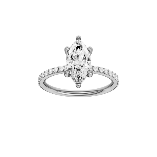 A front view of the Marquise cut diamond engagement ring in 14k white gold with a prong band and hidden halo setting