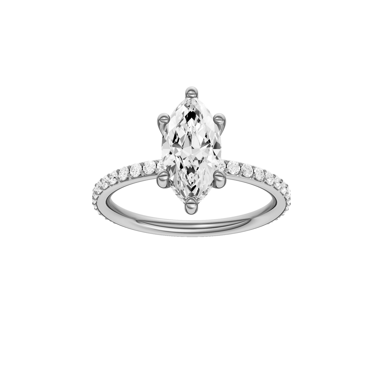 A front view of the Marquise cut diamond engagement ring in platinum with a prong band and hidden halo setting