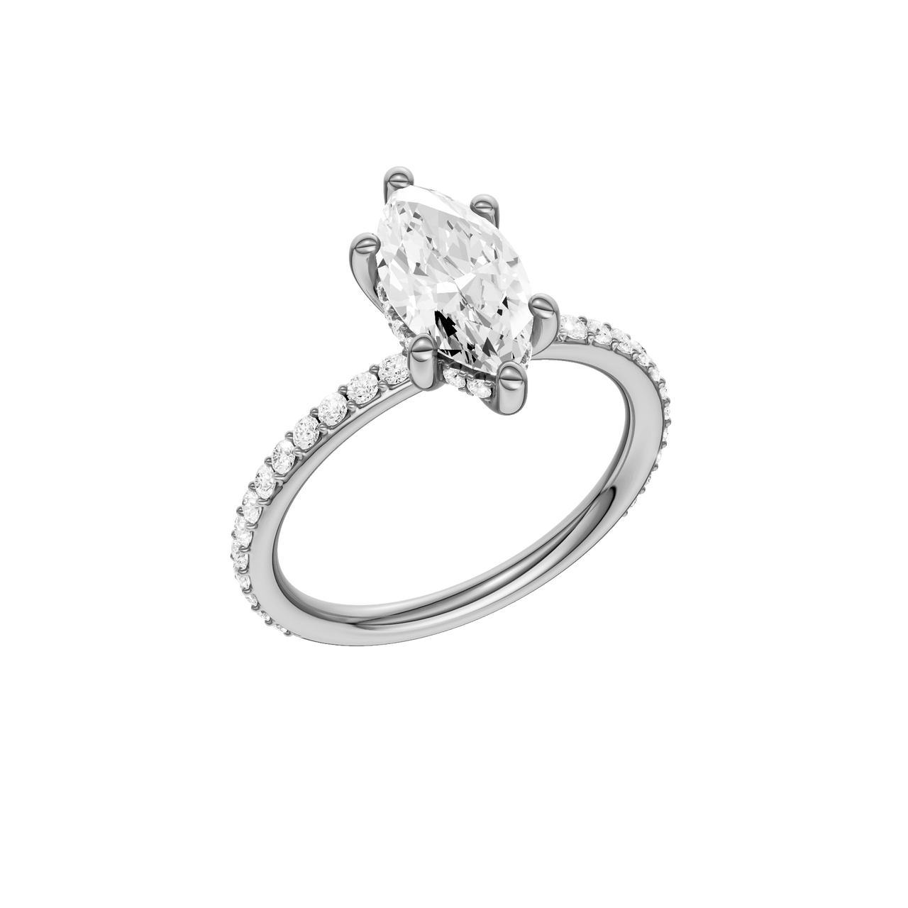 A three-quarter view of the Marquise cut diamond engagement ring in platinum with a prong band and hidden halo setting