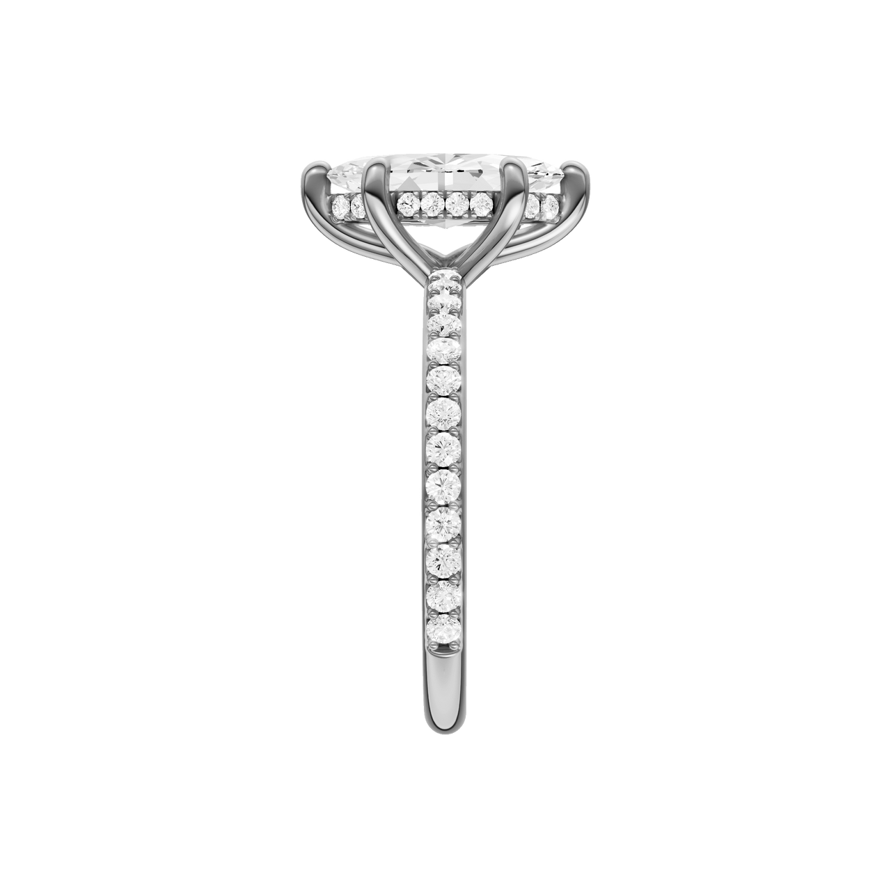 A side view of the Marquise cut diamond engagement ring in platinum with a prong band and hidden halo setting