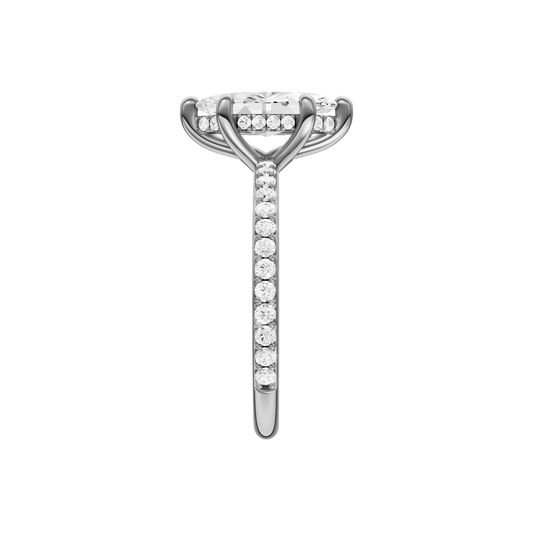 A side view of the Marquise cut diamond engagement ring in 14k white gold with a prong band and hidden halo setting
