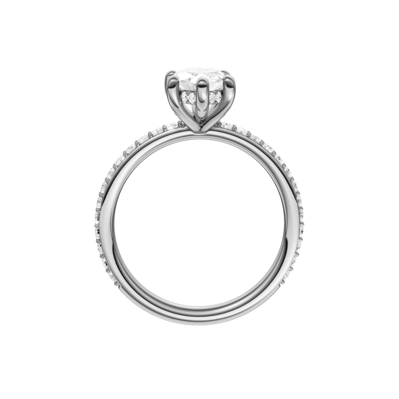 A profile view of the Marquise cut diamond engagement ring in 14k white gold with a prong band and hidden halo setting