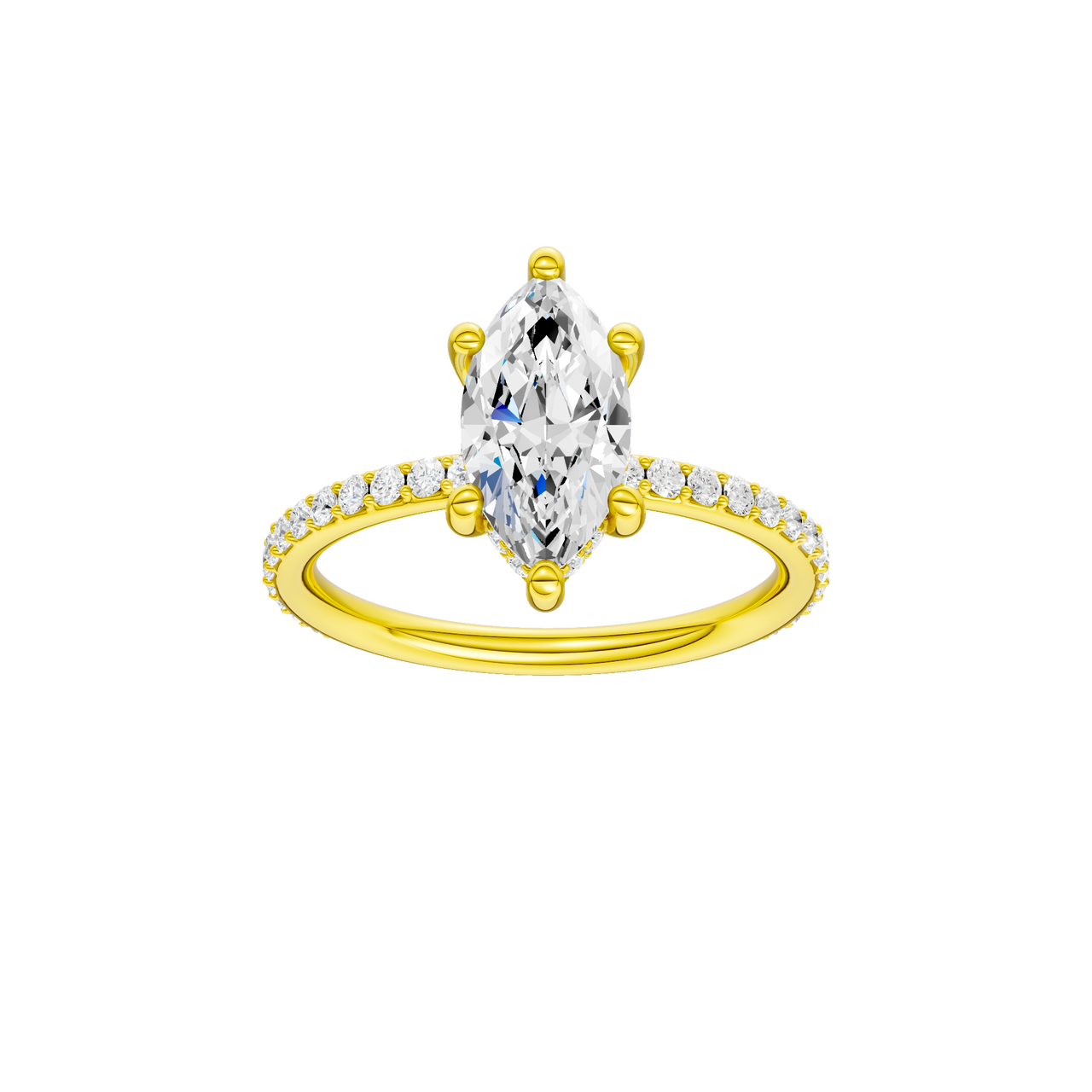 A front view of the Marquise cut diamond engagement ring in 14k yellow gold with a prong band and hidden halo setting