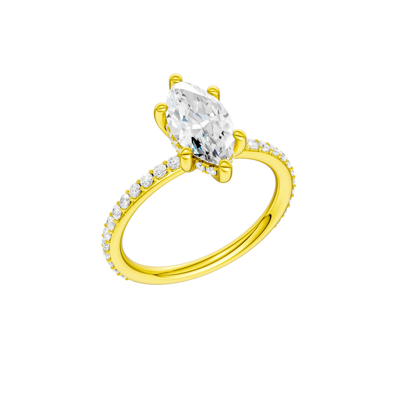 A three-quarter view of the Marquise cut diamond engagement ring in 14k yellow gold with a prong band and hidden halo setting