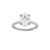 A front view of the Oval cut diamond engagement ring in platinum  with a prong diamond band and cathedral setting
