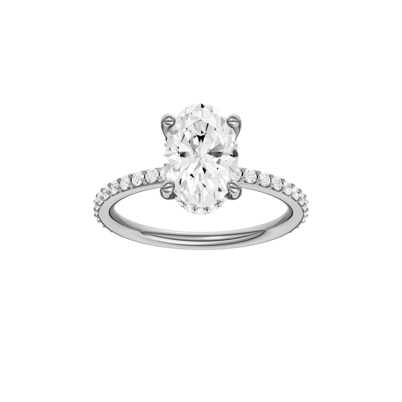 A front view of the Oval cut diamond engagement ring in platinum  with a prong diamond band and cathedral setting