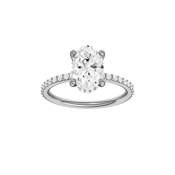 A front view of the Oval cut diamond engagement ring in 14k white gold with a prong diamond band and cathedral setting