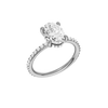 A three-quarter view of the Oval cut diamond engagement ring in 14k white gold with a prong diamond band and cathedral setting