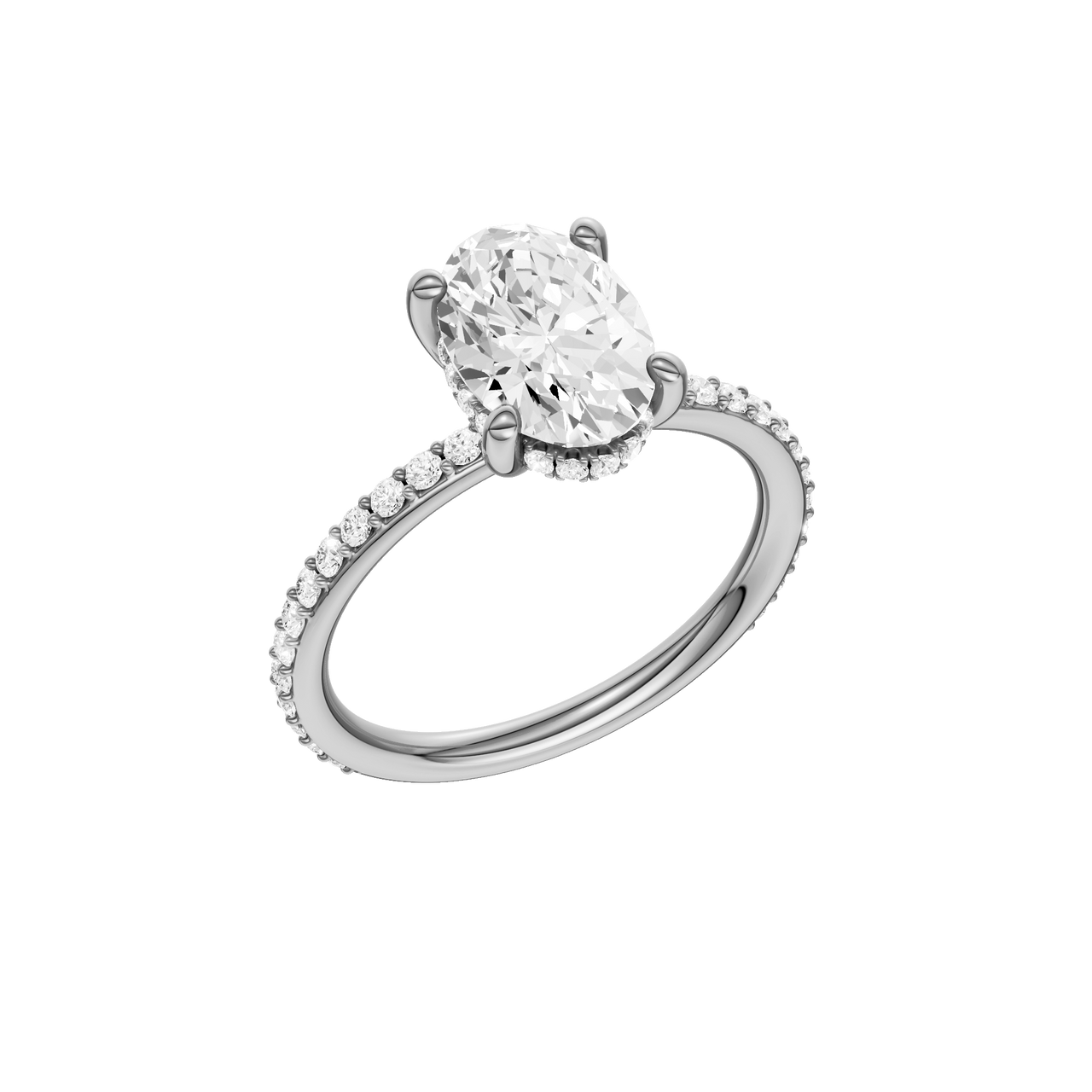 A three-quarter view of the Oval cut diamond engagement ring in 14k white gold with a prong diamond band and cathedral setting
