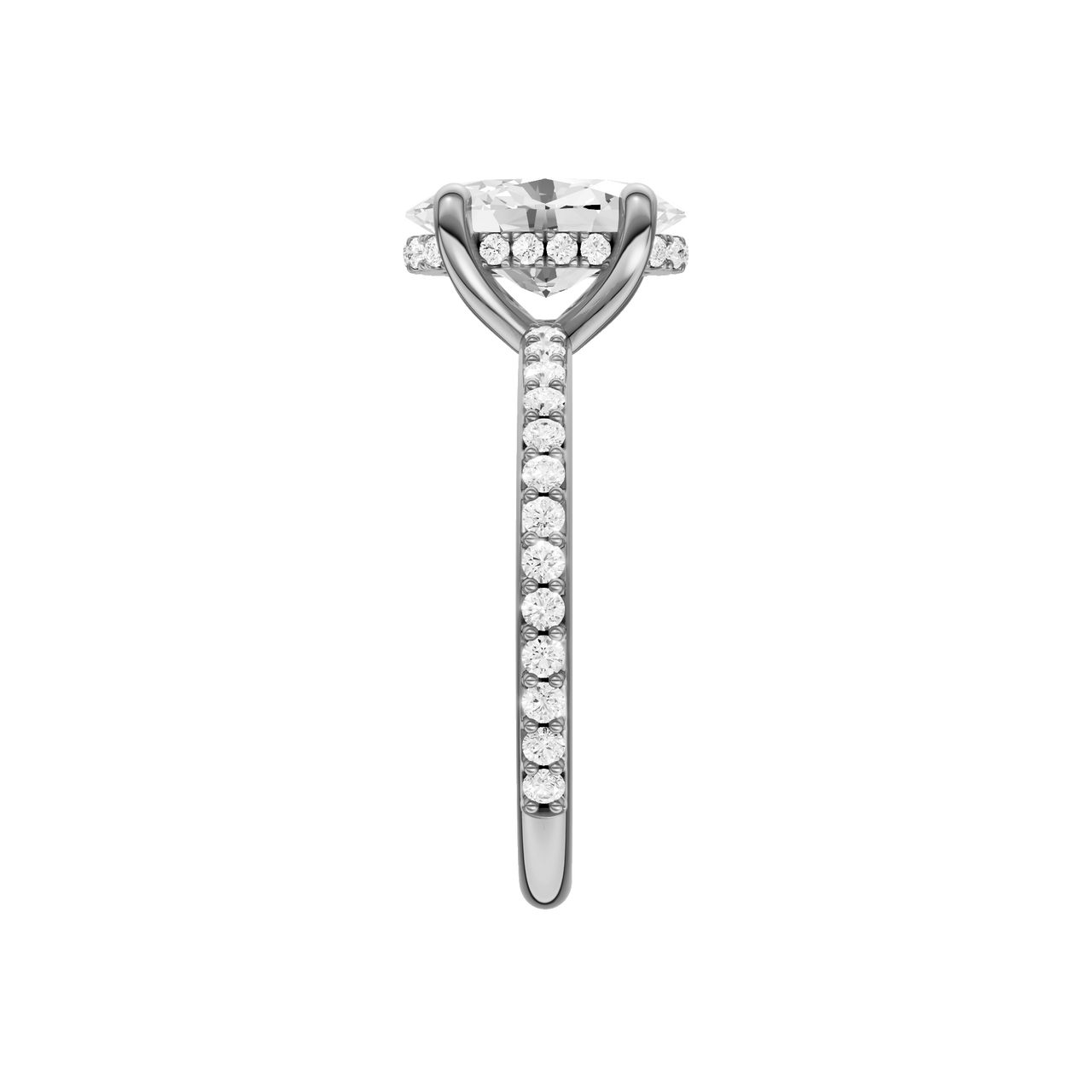 A side view of the Oval cut diamond engagement ring in platinum  with a prong diamond band and cathedral setting