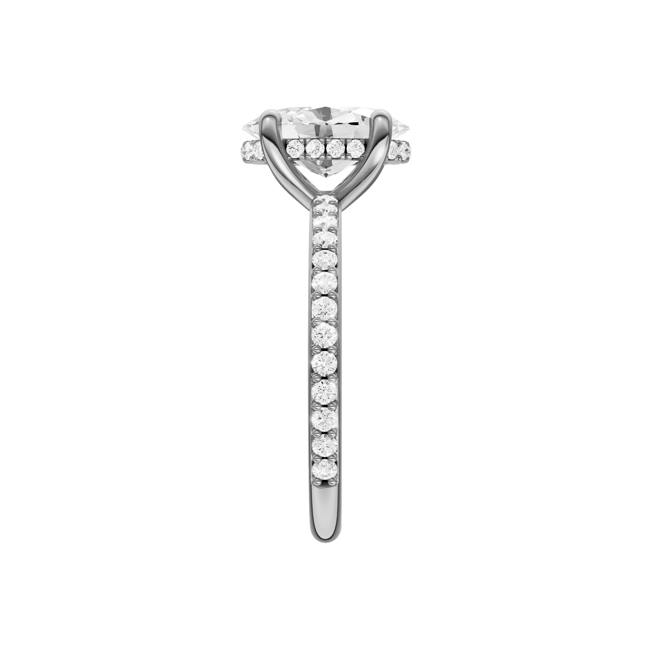A side view of the Oval cut diamond engagement ring in 14k white gold with a prong diamond band and cathedral setting