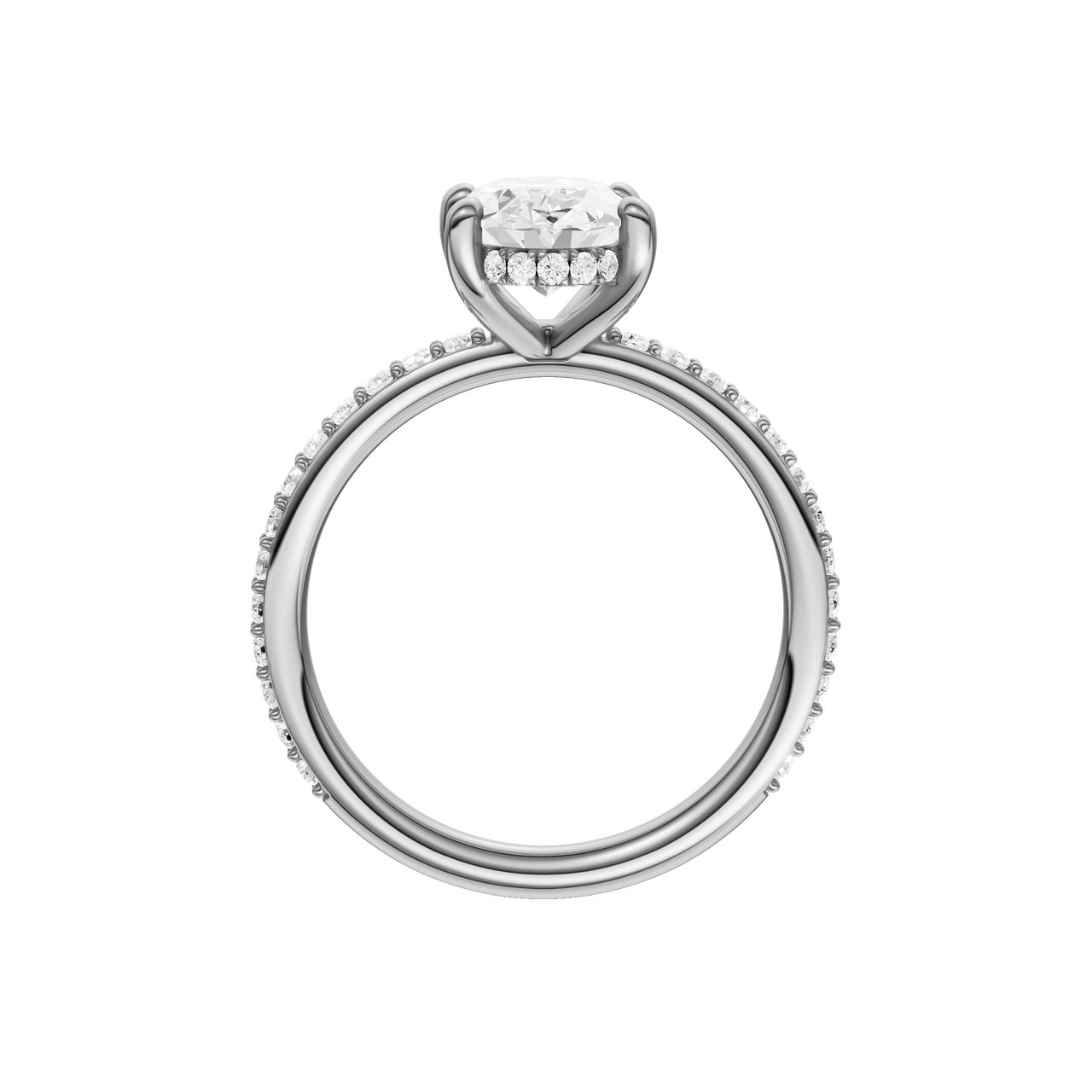 A profile view of the Oval cut diamond engagement ring in 14k white gold with a prong diamond band and cathedral setting