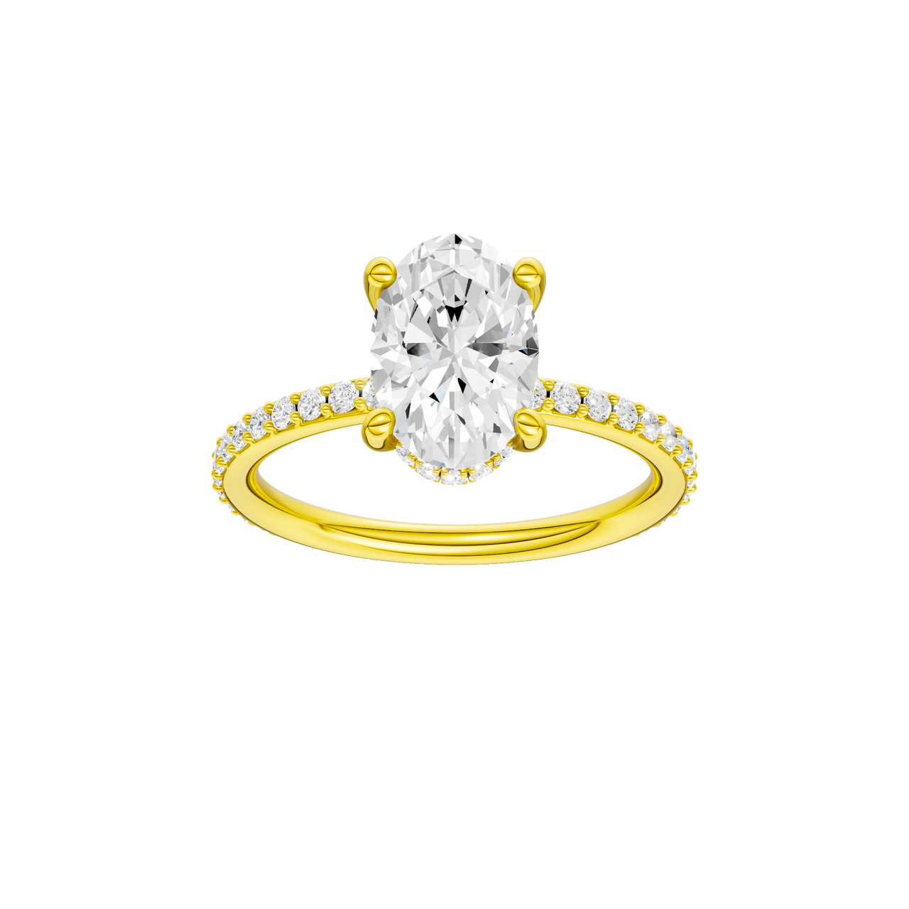 A front view of the Oval cut diamond engagement ring in 14k yellow gold with a prong diamond band and cathedral setting
